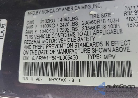 2017 Honda Cr-V Ex from USA, damaged, VIN 5J6RW1H54HL005430